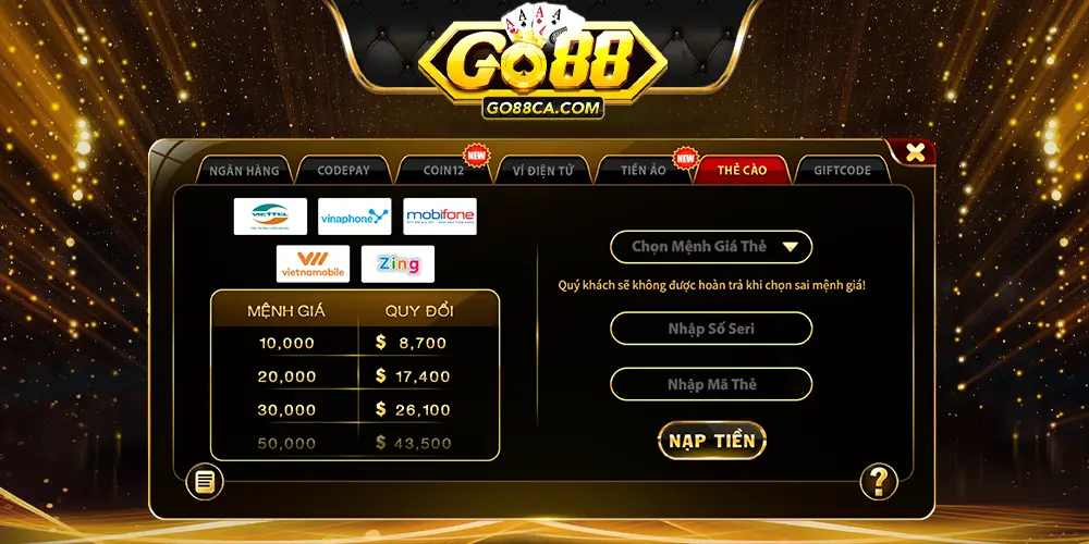 Nạp tiền tại Go88 cực đơn giản
